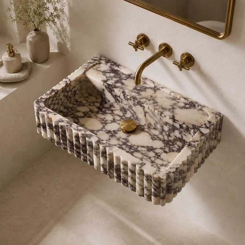Drop Dead Gorgeous Calacatta Viola Marble Apron Sink With Hand Carved Fluted Edges And Rich Burgundy Taupe Veining For A Legit Top Shelf Premium Bathroom Vanity Setup
