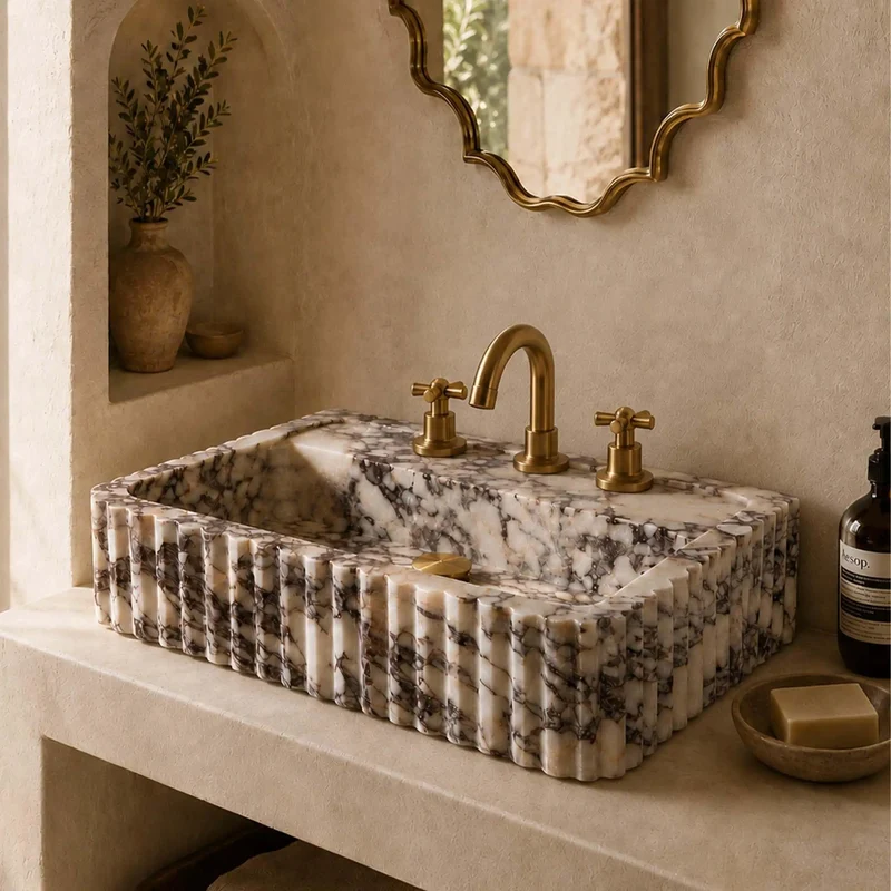 Drop Dead Gorgeous Calacatta Viola Marble Apron Sink With Hand Carved Fluted Edges And Rich Burgundy Taupe Veining For A Legit Top Shelf Premium Bathroom Vanity Setup