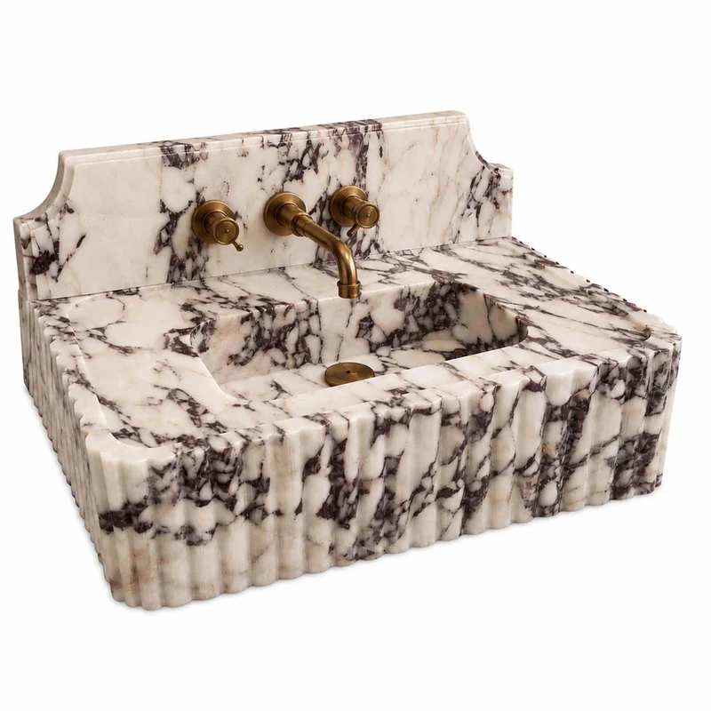 Hand Crafted Calacatta Viola Marble Sink With Sculpted Backsplash And Fluted Vanity Washbasin Heavy Duty Natural Stone Basin Custom Luxury Powder Room Top Tier Showstopper Design