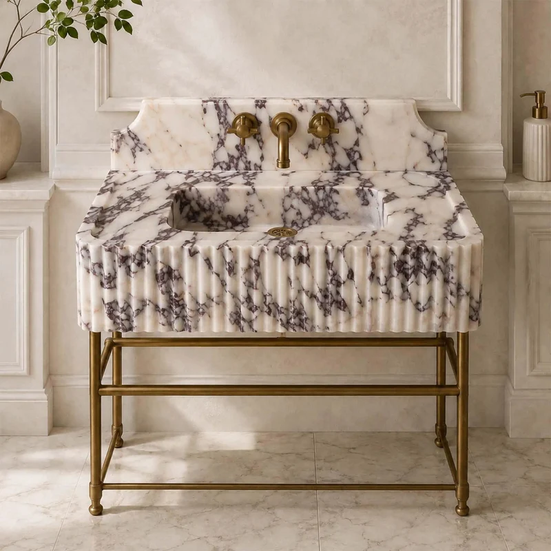 Hand Crafted Calacatta Viola Marble Sink With Sculpted Backsplash And Fluted Vanity Washbasin Heavy Duty Natural Stone Basin Custom Luxury Powder Room Top Tier Showstopper Design