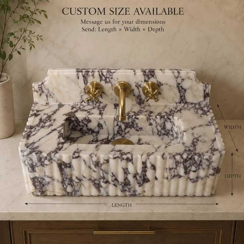 Hand Crafted Calacatta Viola Marble Sink With Sculpted Backsplash And Fluted Vanity Washbasin Heavy Duty Natural Stone Basin Custom Luxury Powder Room Top Tier Showstopper Design