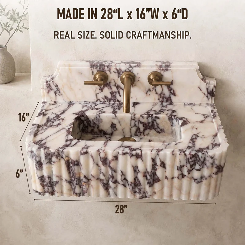 Hand Crafted Calacatta Viola Marble Sink With Sculpted Backsplash And Fluted Vanity Washbasin Heavy Duty Natural Stone Basin Custom Luxury Powder Room Top Tier Showstopper Design
