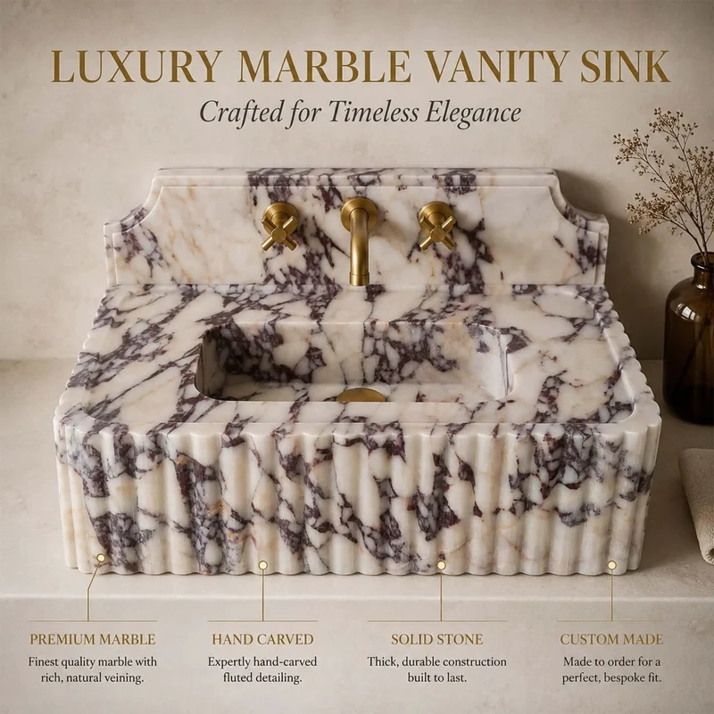 Hand Crafted Calacatta Viola Marble Sink With Sculpted Backsplash And Fluted Vanity Washbasin Heavy Duty Natural Stone Basin Custom Luxury Powder Room Top Tier Showstopper Design
