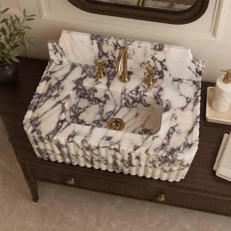 Hand Crafted Calacatta Viola Marble Sink With Sculpted Backsplash And Fluted Vanity Washbasin Heavy Duty Natural Stone Basin Custom Luxury Powder Room Top Tier Showstopper Design