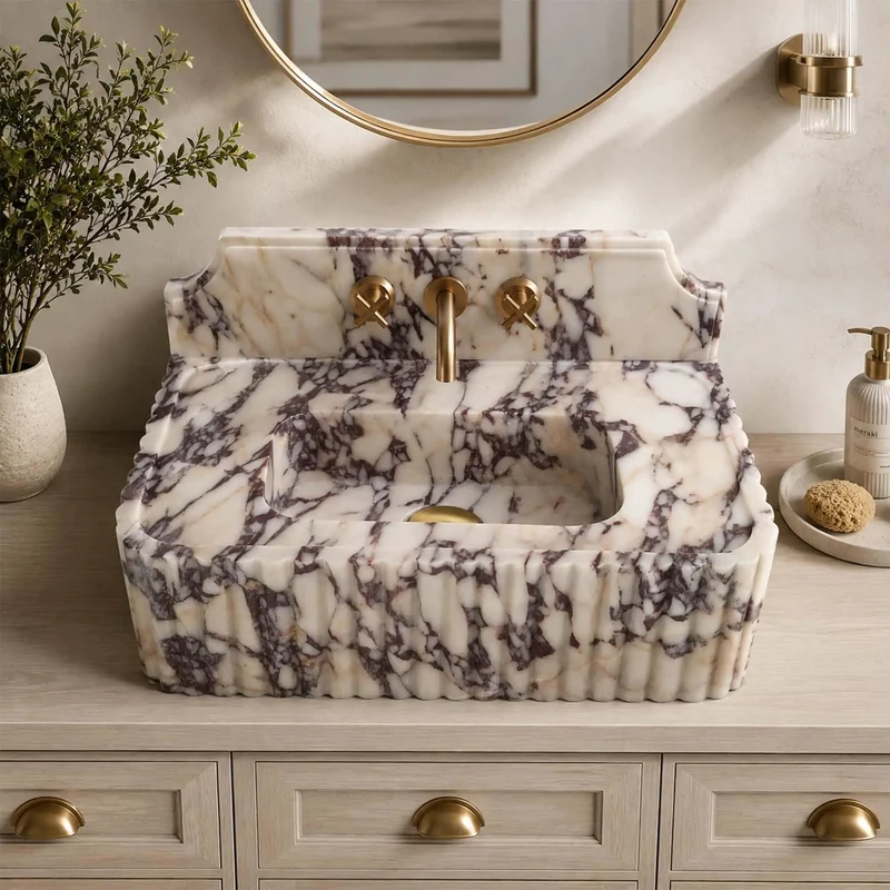 Hand Crafted Calacatta Viola Marble Sink With Sculpted Backsplash And Fluted Vanity Washbasin Heavy Duty Natural Stone Basin Custom Luxury Powder Room Top Tier Showstopper Design