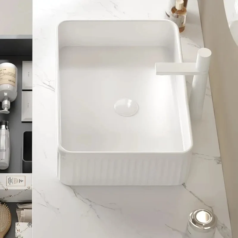 20 Inch Rectangular Vessel Bathroom Sink Sleek Ceramic Countertop Basin White Striped Pattern No Faucet Required Hassle Free Top Shelf Design Straight Up Modern Style Dead Simple Install