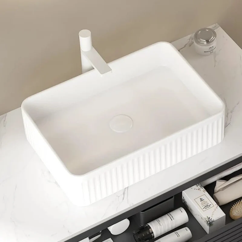 20 Inch Rectangular Vessel Bathroom Sink Sleek Ceramic Countertop Basin White Striped Pattern No Faucet Required Hassle Free Top Shelf Design Straight Up Modern Style Dead Simple Install