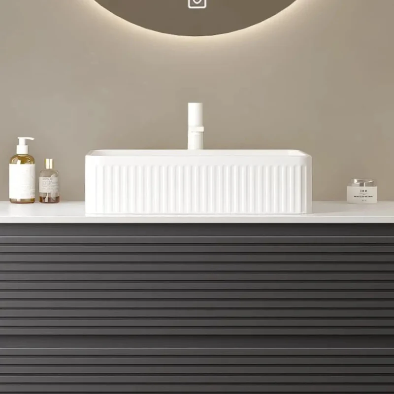 20 Inch Rectangular Vessel Bathroom Sink Sleek Ceramic Countertop Basin White Striped Pattern No Faucet Required Hassle Free Top Shelf Design Straight Up Modern Style Dead Simple Install