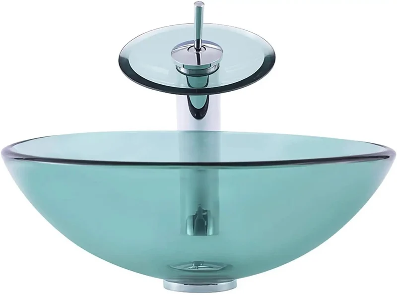 Heavy Duty Tempered Glass Vessel Sink With Waterfall Faucet And Drain Combo For Modern Bathroom Countertops Hella Durable Scratch Resistant Non Porous Top Slick Smooth Finish