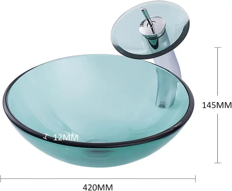 Heavy Duty Tempered Glass Vessel Sink With Waterfall Faucet And Drain Combo For Modern Bathroom Countertops Hella Durable Scratch Resistant Non Porous Top Slick Smooth Finish