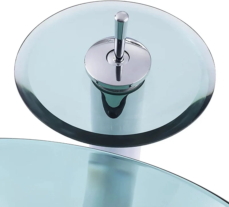 Heavy Duty Tempered Glass Vessel Sink With Waterfall Faucet And Drain Combo For Modern Bathroom Countertops Hella Durable Scratch Resistant Non Porous Top Slick Smooth Finish