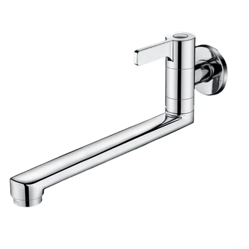 Heavy Duty Wall Mounted Kitchen Faucet Single Handle Cold Water Only Featuring A Smooth Swiveled Extended Spout Crafted From Solid 304 Stainless Steel And Sporting A Slick Silver Coat Perfect For Dead Simple Utility And Mop Pool Cleanup
