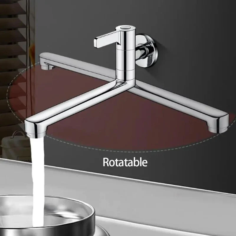 Heavy Duty Wall Mounted Kitchen Faucet Single Handle Cold Water Only Featuring A Smooth Swiveled Extended Spout Crafted From Solid 304 Stainless Steel And Sporting A Slick Silver Coat Perfect For Dead Simple Utility And Mop Pool Cleanup