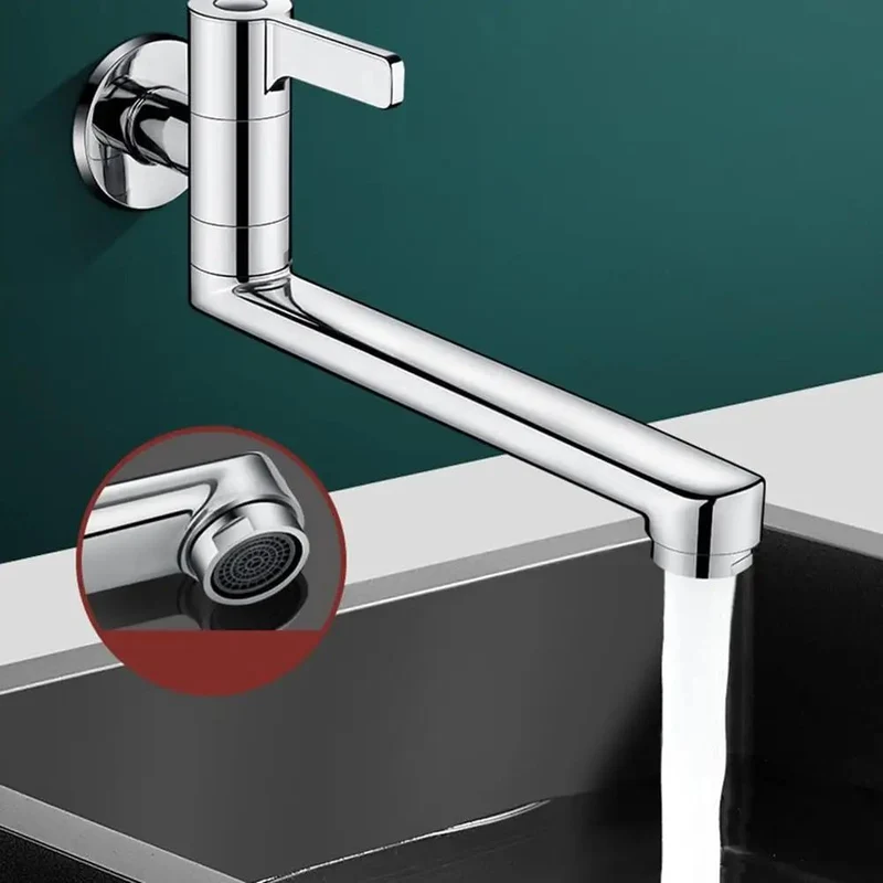 Heavy Duty Wall Mounted Kitchen Faucet Single Handle Cold Water Only Featuring A Smooth Swiveled Extended Spout Crafted From Solid 304 Stainless Steel And Sporting A Slick Silver Coat Perfect For Dead Simple Utility And Mop Pool Cleanup