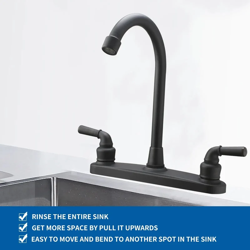 High Arch Rv Kitchen Sink Faucet With Two Handles And 360 Swivel, Eight Inch Center Mount For Motorhomes And Travel Trailers, Matte Black Finish With Flow Saving Spout, Built Like A Tank And Dead Easy Hookup For Road Runners