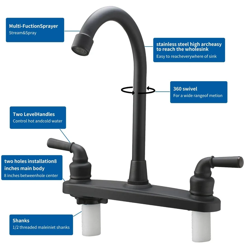 High Arch Rv Kitchen Sink Faucet With Two Handles And 360 Swivel, Eight Inch Center Mount For Motorhomes And Travel Trailers, Matte Black Finish With Flow Saving Spout, Built Like A Tank And Dead Easy Hookup For Road Runners