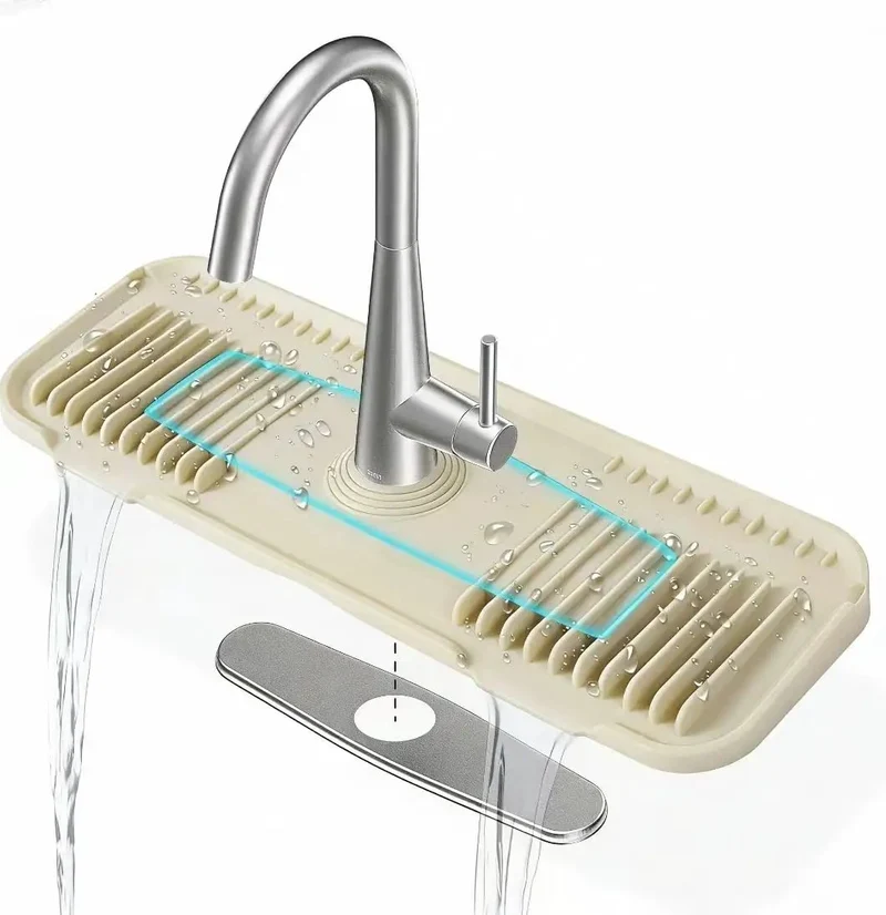 Hands Down The Best Beige Silicone Faucet Drip Catcher Mat For Kitchen Sinks With Deck Plates Thanks To Its Cuttable Center And Grippy Base That Keeps Counters Zero Stress And Dry All Week Long