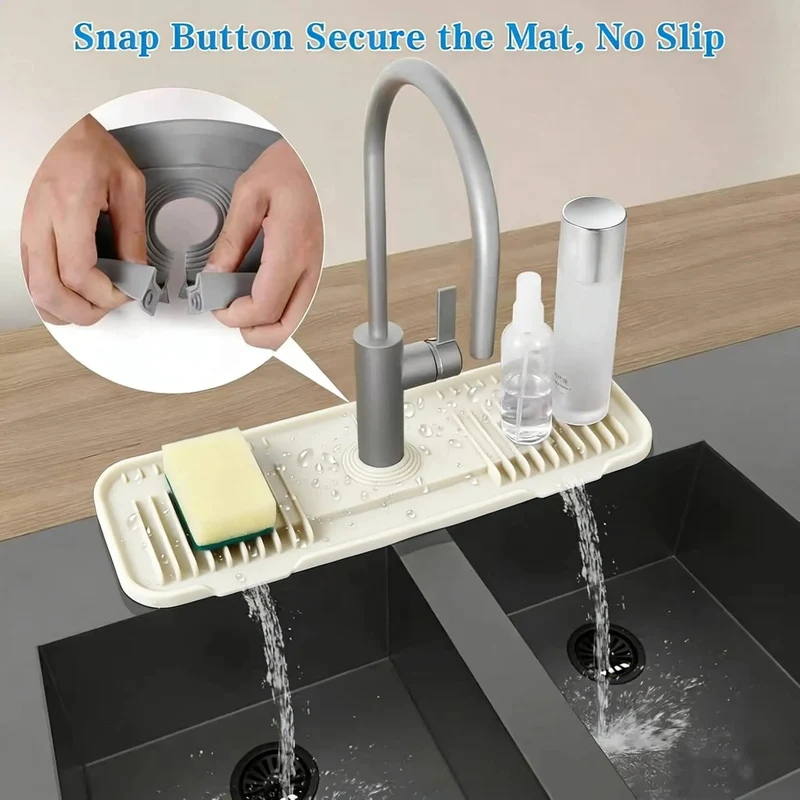 Hands Down The Best Beige Silicone Faucet Drip Catcher Mat For Kitchen Sinks With Deck Plates Thanks To Its Cuttable Center And Grippy Base That Keeps Counters Zero Stress And Dry All Week Long