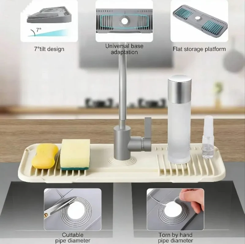 Hands Down The Best Beige Silicone Faucet Drip Catcher Mat For Kitchen Sinks With Deck Plates Thanks To Its Cuttable Center And Grippy Base That Keeps Counters Zero Stress And Dry All Week Long