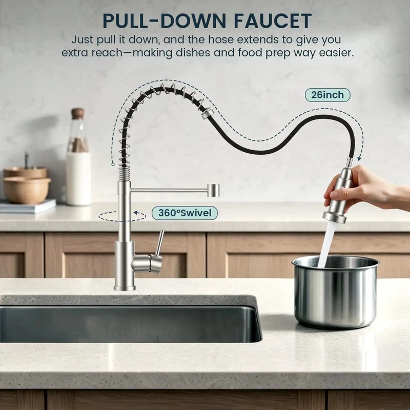 Brushed Nickel Kitchen Faucet With Pull Down Sprayer And 360 Swivel Spout Featuring A Smooth Operator Design That Eats Through Grease And Hard Water Buildup While Delivering Hella Strong Spray To Tackle Stubborn Stains