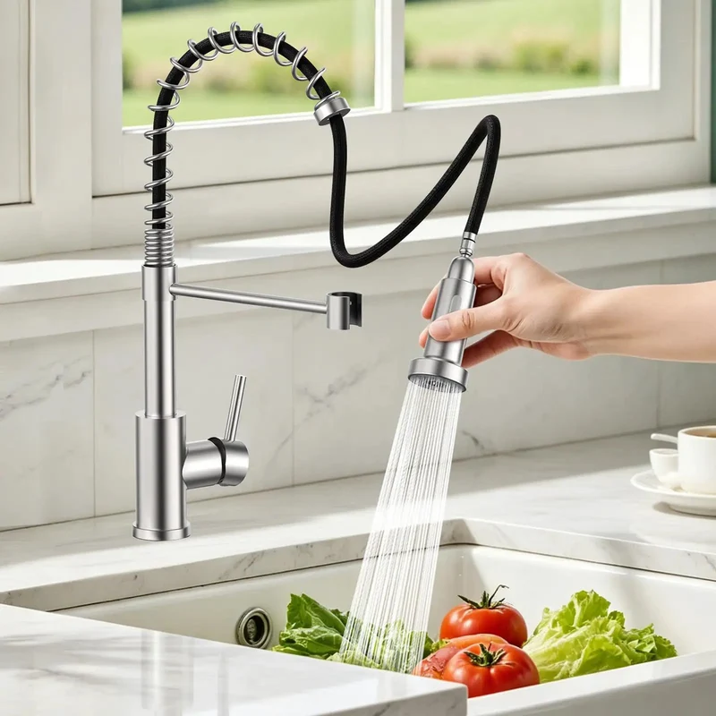 Brushed Nickel Kitchen Faucet With Pull Down Sprayer And 360 Swivel Spout Featuring A Smooth Operator Design That Eats Through Grease And Hard Water Buildup While Delivering Hella Strong Spray To Tackle Stubborn Stains
