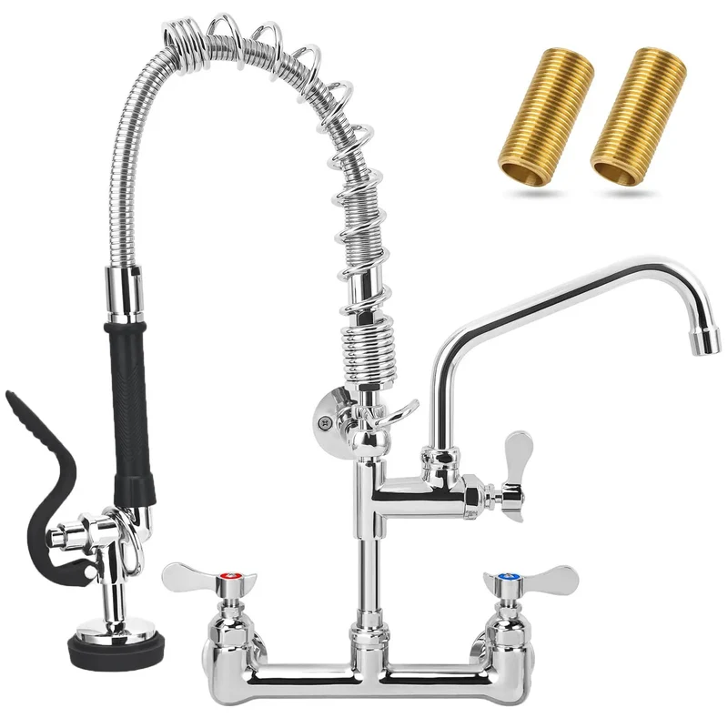 Pro Grade Commercial Wall Mount Sink Faucet With Pre Rinse Sprayer And 21 Inch Premium Chrome Pull Down Spray Adjustable Swing Spout Rock Solid Build Perfect For Serious Chefs