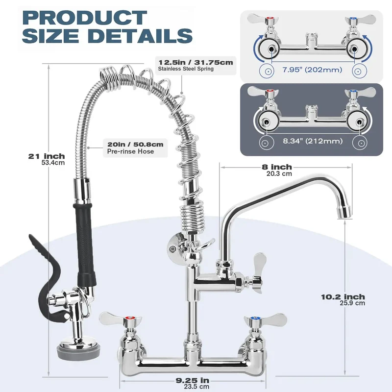 Pro Grade Commercial Wall Mount Sink Faucet With Pre Rinse Sprayer And 21 Inch Premium Chrome Pull Down Spray Adjustable Swing Spout Rock Solid Build Perfect For Serious Chefs