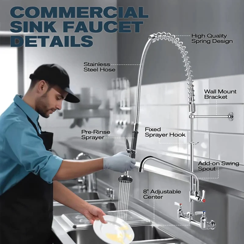 Pro Grade Commercial Wall Mount Sink Faucet With Pre Rinse Sprayer And 21 Inch Premium Chrome Pull Down Spray Adjustable Swing Spout Rock Solid Build Perfect For Serious Chefs