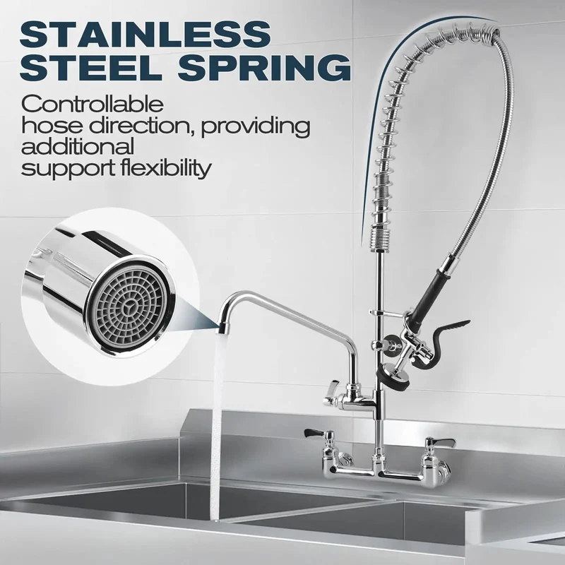 Pro Grade Commercial Wall Mount Sink Faucet With Pre Rinse Sprayer And 21 Inch Premium Chrome Pull Down Spray Adjustable Swing Spout Rock Solid Build Perfect For Serious Chefs