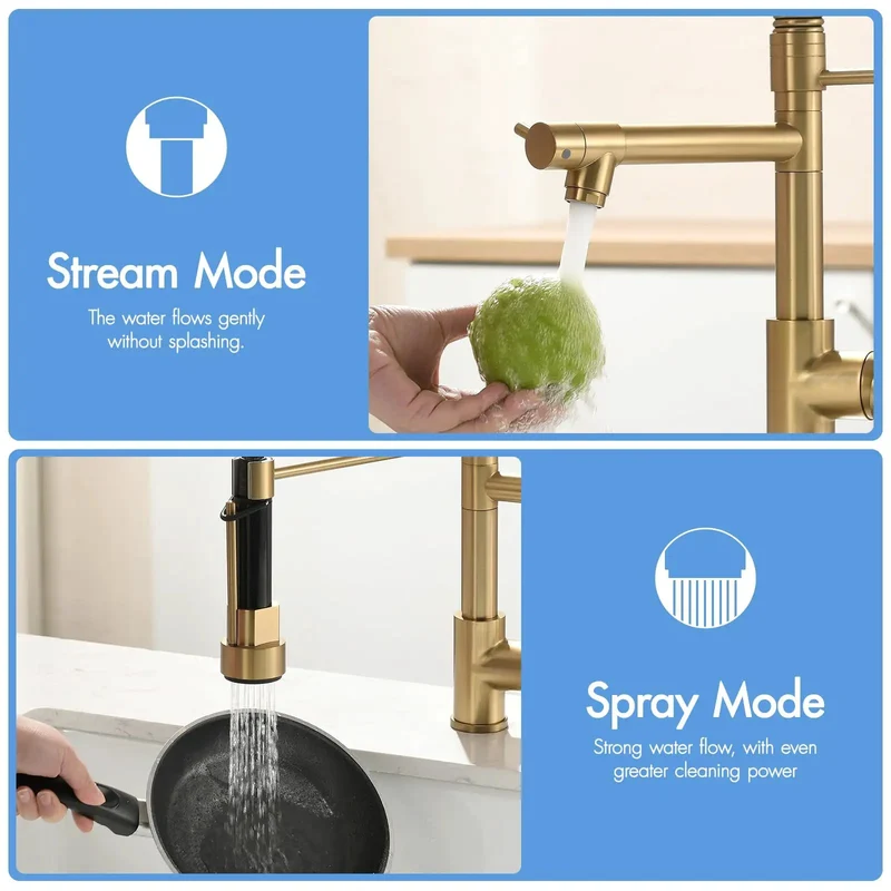 Top Shelf Brushed Gold Kitchen Faucet With Durable Pull Down Sprayer Head And Smart Dual Nozzle Settings For High Volume Meal Prep And Snappy Sink Rinsing Duties