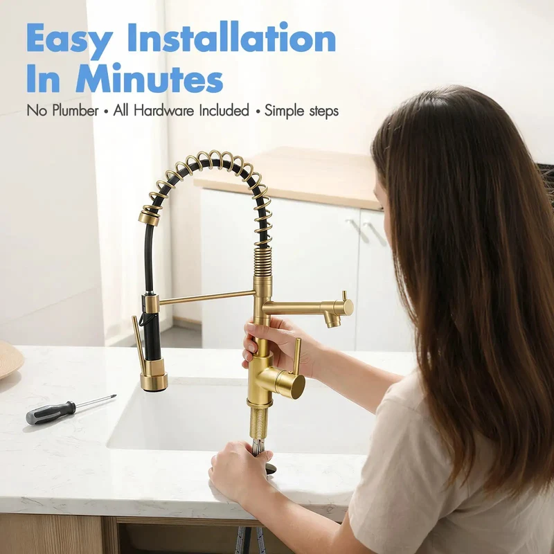 Top Shelf Brushed Gold Kitchen Faucet With Durable Pull Down Sprayer Head And Smart Dual Nozzle Settings For High Volume Meal Prep And Snappy Sink Rinsing Duties