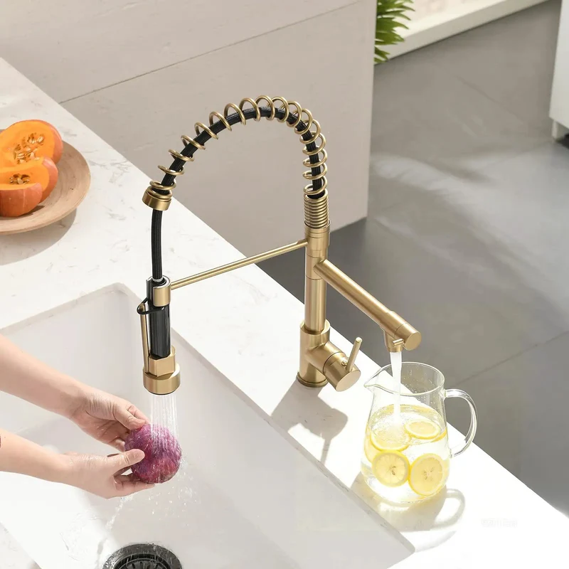 Top Shelf Brushed Gold Kitchen Faucet With Durable Pull Down Sprayer Head And Smart Dual Nozzle Settings For High Volume Meal Prep And Snappy Sink Rinsing Duties