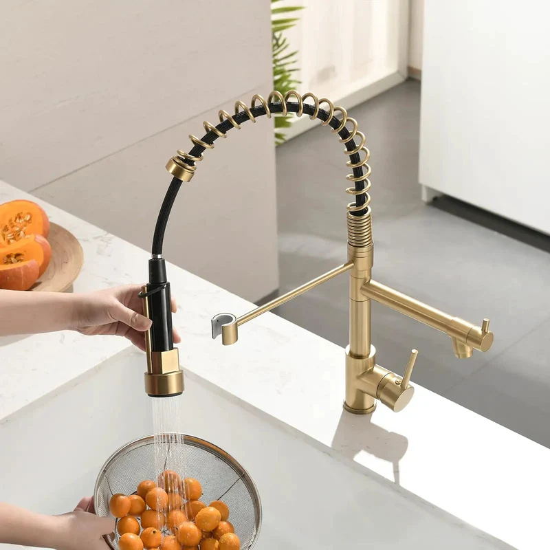 Top Shelf Brushed Gold Kitchen Faucet With Durable Pull Down Sprayer Head And Smart Dual Nozzle Settings For High Volume Meal Prep And Snappy Sink Rinsing Duties