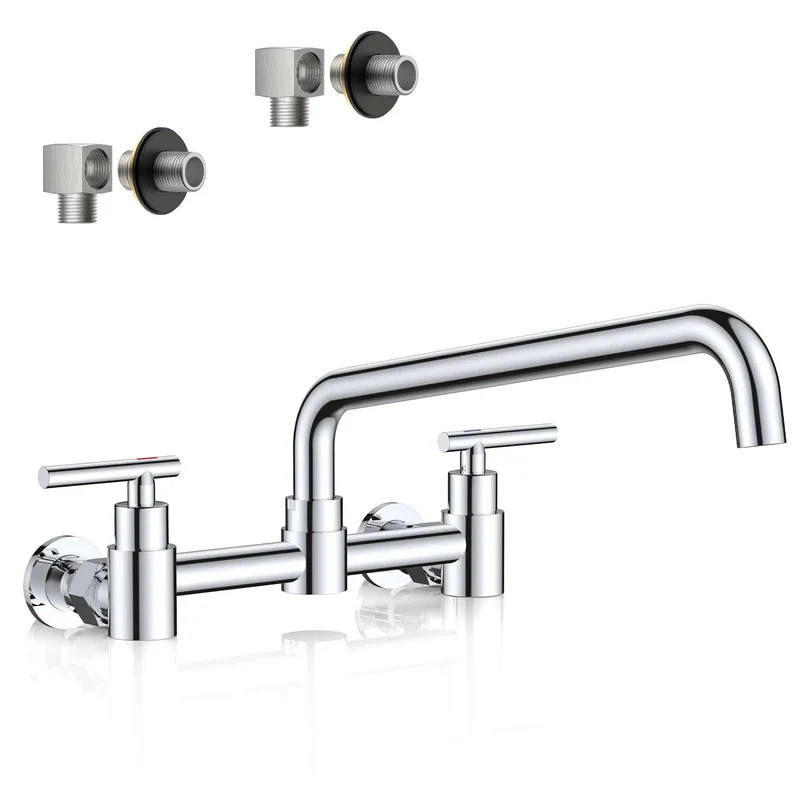 Rock Solid Chrome Wall Mount Kitchen Faucet With Slick Finish Perfect For Commercial Kitchens And Laundry Rooms Featuring Adjustable Eight Inch Center Span Two Handle Mixer And Swivel Spout That Handles Heavy Duty Washing No Sweat Daily