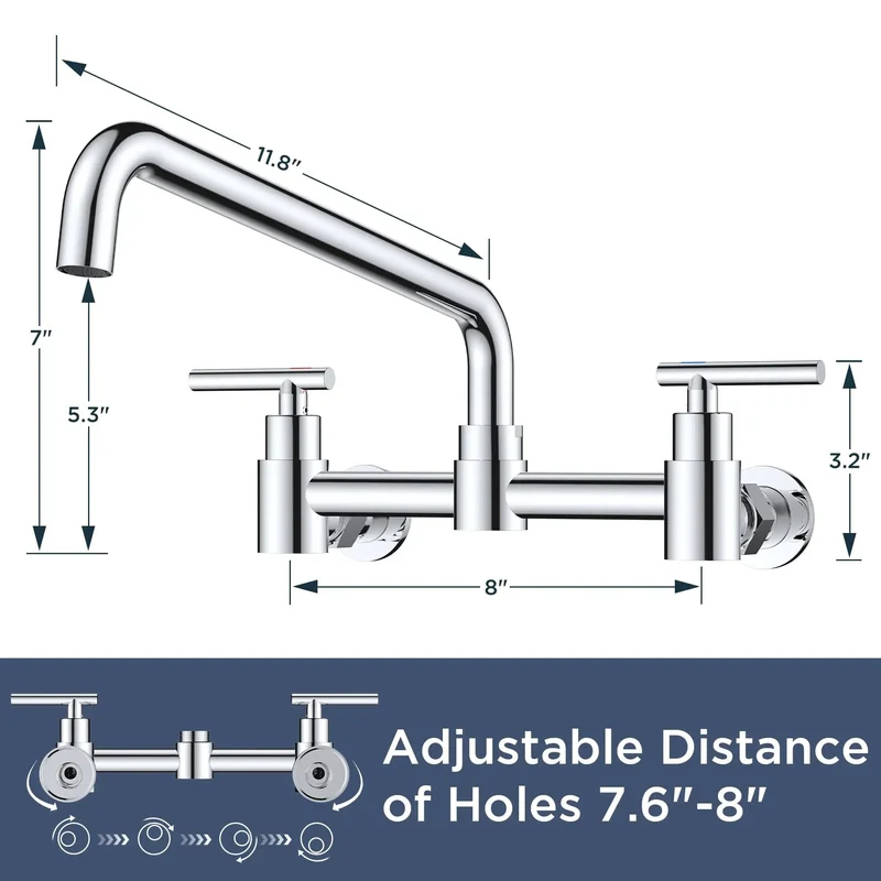 Rock Solid Chrome Wall Mount Kitchen Faucet With Slick Finish Perfect For Commercial Kitchens And Laundry Rooms Featuring Adjustable Eight Inch Center Span Two Handle Mixer And Swivel Spout That Handles Heavy Duty Washing No Sweat Daily