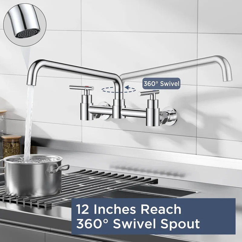 Rock Solid Chrome Wall Mount Kitchen Faucet With Slick Finish Perfect For Commercial Kitchens And Laundry Rooms Featuring Adjustable Eight Inch Center Span Two Handle Mixer And Swivel Spout That Handles Heavy Duty Washing No Sweat Daily
