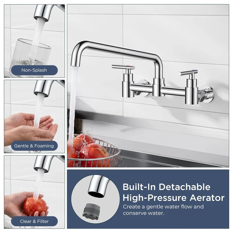 Rock Solid Chrome Wall Mount Kitchen Faucet With Slick Finish Perfect For Commercial Kitchens And Laundry Rooms Featuring Adjustable Eight Inch Center Span Two Handle Mixer And Swivel Spout That Handles Heavy Duty Washing No Sweat Daily