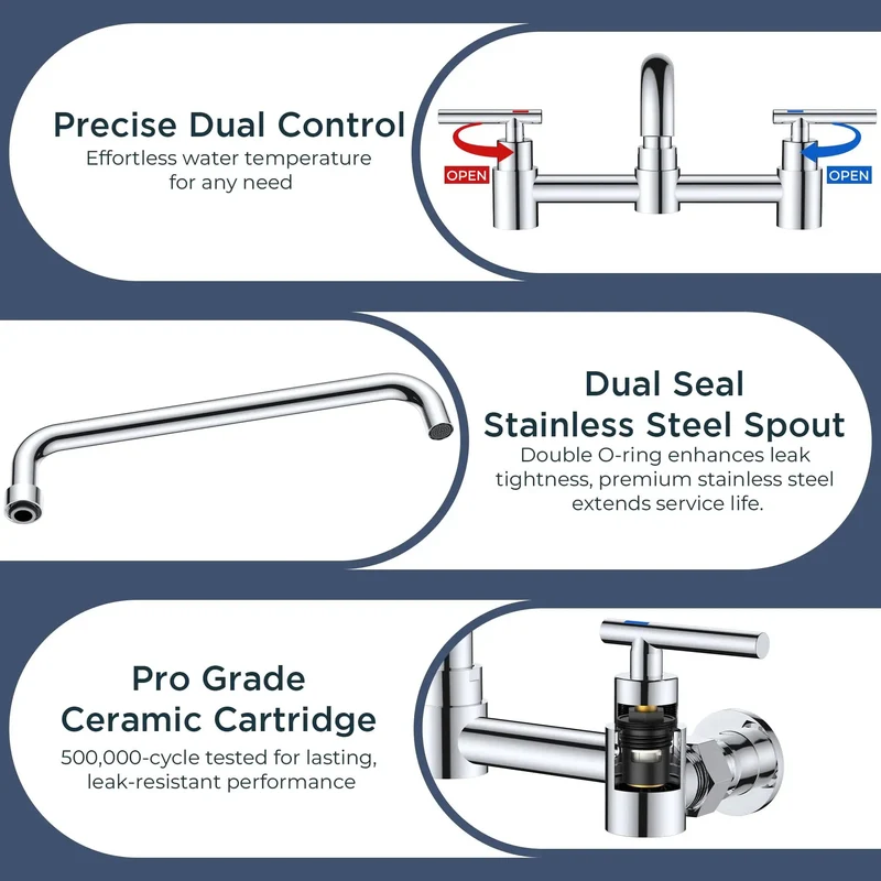 Rock Solid Chrome Wall Mount Kitchen Faucet With Slick Finish Perfect For Commercial Kitchens And Laundry Rooms Featuring Adjustable Eight Inch Center Span Two Handle Mixer And Swivel Spout That Handles Heavy Duty Washing No Sweat Daily