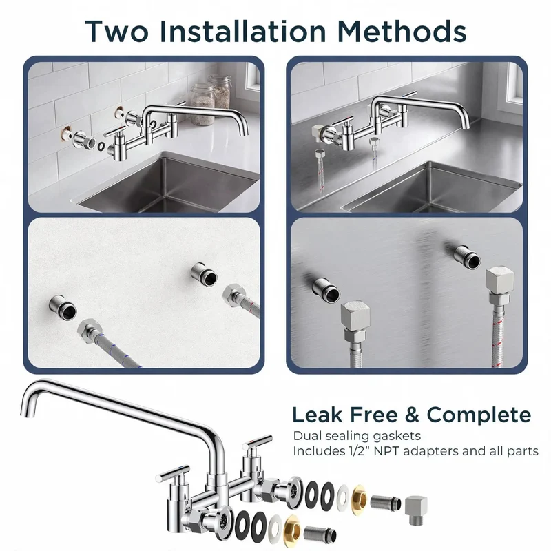 Rock Solid Chrome Wall Mount Kitchen Faucet With Slick Finish Perfect For Commercial Kitchens And Laundry Rooms Featuring Adjustable Eight Inch Center Span Two Handle Mixer And Swivel Spout That Handles Heavy Duty Washing No Sweat Daily