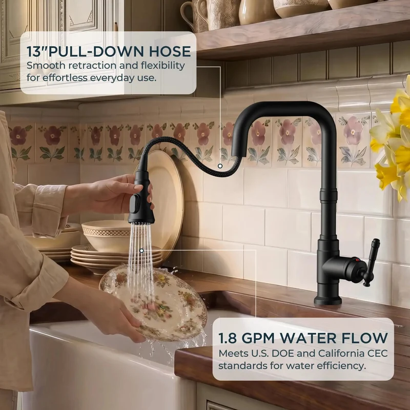 Badass Vintage Kitchen Sink Faucet Featuring A Smooth Pull Down Sprayer In Heavy Duty Matte Black Finish Perfect For Rustic Farmhouse Kitchen Setup And Swivel Spout Design Today