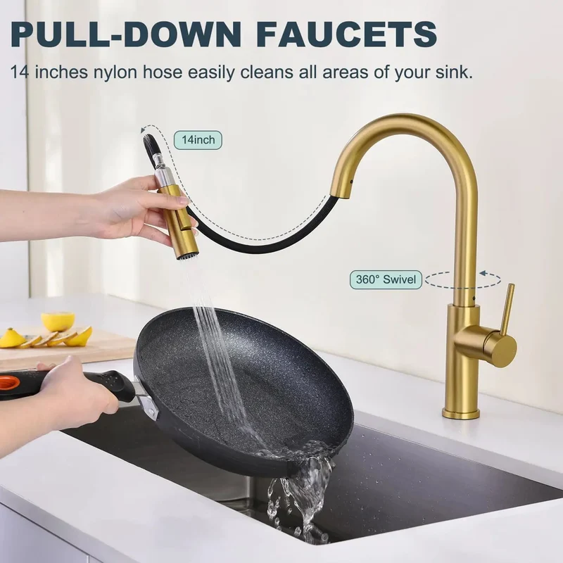 Game Changer Kitchen Sink Faucet With Slick Pull Down Sprayer In Vintage Brushed Gold And Heavy Duty 304 Steel, Easy Glide Rotation, Totally Built Different For A Stress Free Daily Grind