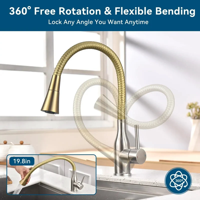 Heavy Duty 360 Swivel Kitchen Faucet With Slick Pull Down Design And Hella Durable Reinforced Silicone Hose Rock Solid Leak Proof Base For Sink Rv Laundry Outdoor In Top Shelf Gold Finish