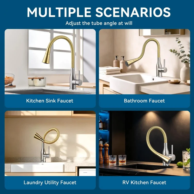 Heavy Duty 360 Swivel Kitchen Faucet With Slick Pull Down Design And Hella Durable Reinforced Silicone Hose Rock Solid Leak Proof Base For Sink Rv Laundry Outdoor In Top Shelf Gold Finish