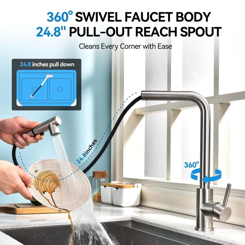 Rock Solid Tall Stainless Steel Kitchen Faucet With Pull Out Sprayer And 360 Degree Swivel Single Handle Design For Farmhouse Bar Laundry And RV Heavy Duty 304 Steel Construction Effortless Cleaning Power Smooth Flow Control Durable Pex Hose