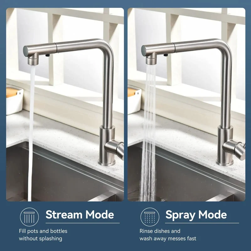 Rock Solid Tall Stainless Steel Kitchen Faucet With Pull Out Sprayer And 360 Degree Swivel Single Handle Design For Farmhouse Bar Laundry And RV Heavy Duty 304 Steel Construction Effortless Cleaning Power Smooth Flow Control Durable Pex Hose