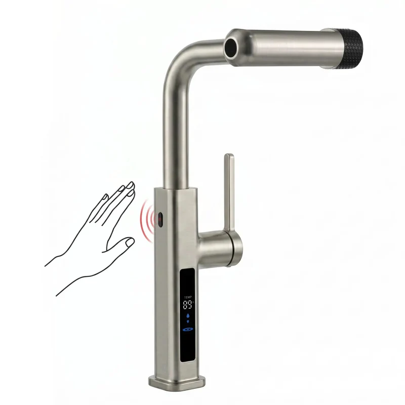 Zero Mess Touchless Kitchen Faucet Featuring Reliable Hand Wave Motion Sensor And Six Versatile Flow Modes Alongside Slick Pull Out Spray Head Plus Easy DIY Hookup And Battery Free Temp Indicator In Classic Brushed Nickel