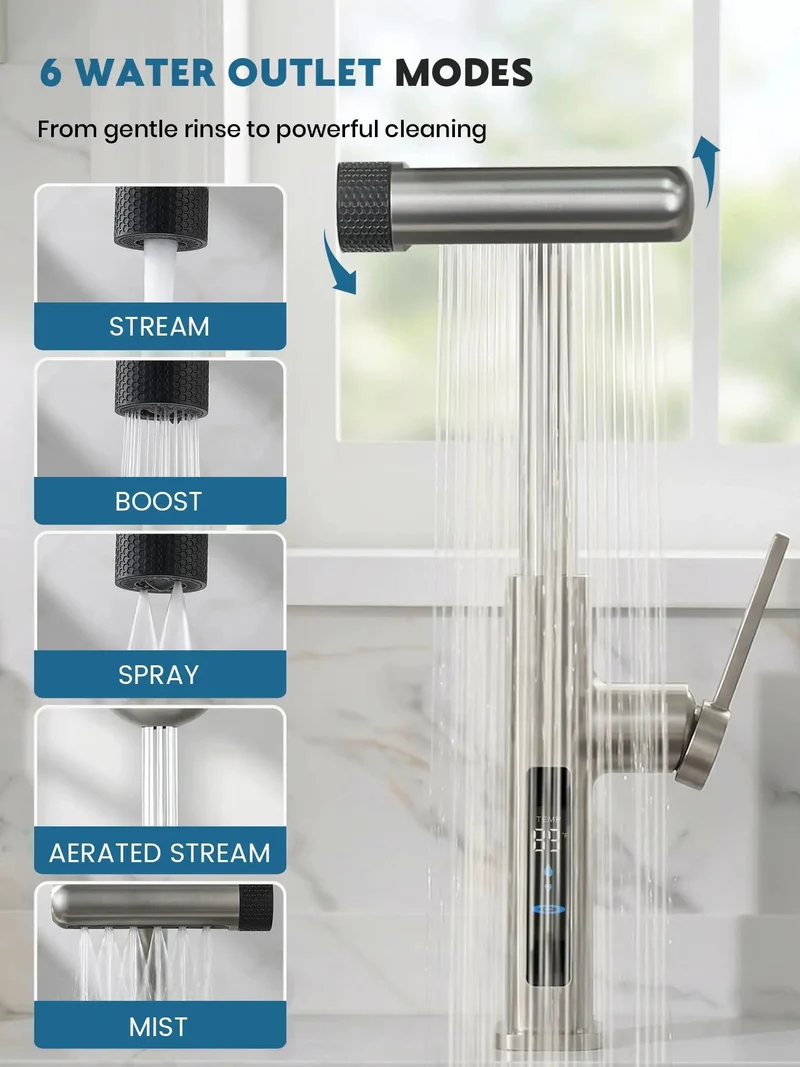 Zero Mess Touchless Kitchen Faucet Featuring Reliable Hand Wave Motion Sensor And Six Versatile Flow Modes Alongside Slick Pull Out Spray Head Plus Easy DIY Hookup And Battery Free Temp Indicator In Classic Brushed Nickel