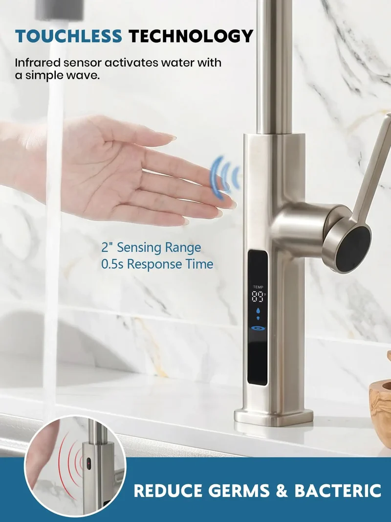 Zero Mess Touchless Kitchen Faucet Featuring Reliable Hand Wave Motion Sensor And Six Versatile Flow Modes Alongside Slick Pull Out Spray Head Plus Easy DIY Hookup And Battery Free Temp Indicator In Classic Brushed Nickel