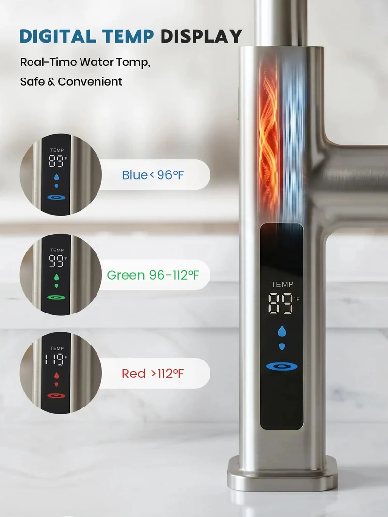 Zero Mess Touchless Kitchen Faucet Featuring Reliable Hand Wave Motion Sensor And Six Versatile Flow Modes Alongside Slick Pull Out Spray Head Plus Easy DIY Hookup And Battery Free Temp Indicator In Classic Brushed Nickel