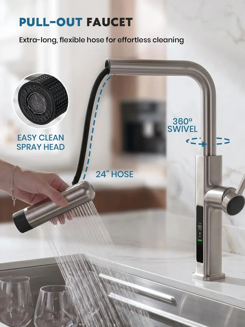 Zero Mess Touchless Kitchen Faucet Featuring Reliable Hand Wave Motion Sensor And Six Versatile Flow Modes Alongside Slick Pull Out Spray Head Plus Easy DIY Hookup And Battery Free Temp Indicator In Classic Brushed Nickel